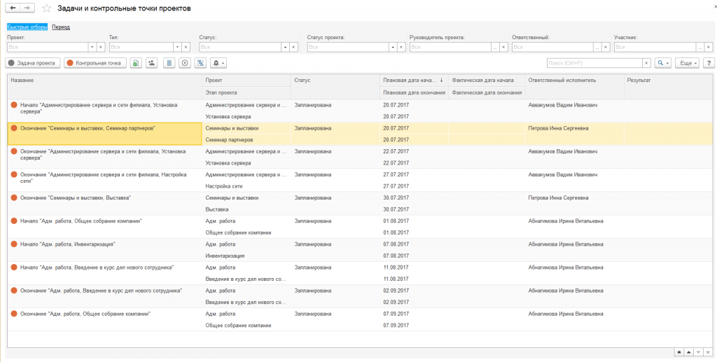 Управление проектами в 1C:CRM, интерфейс программы